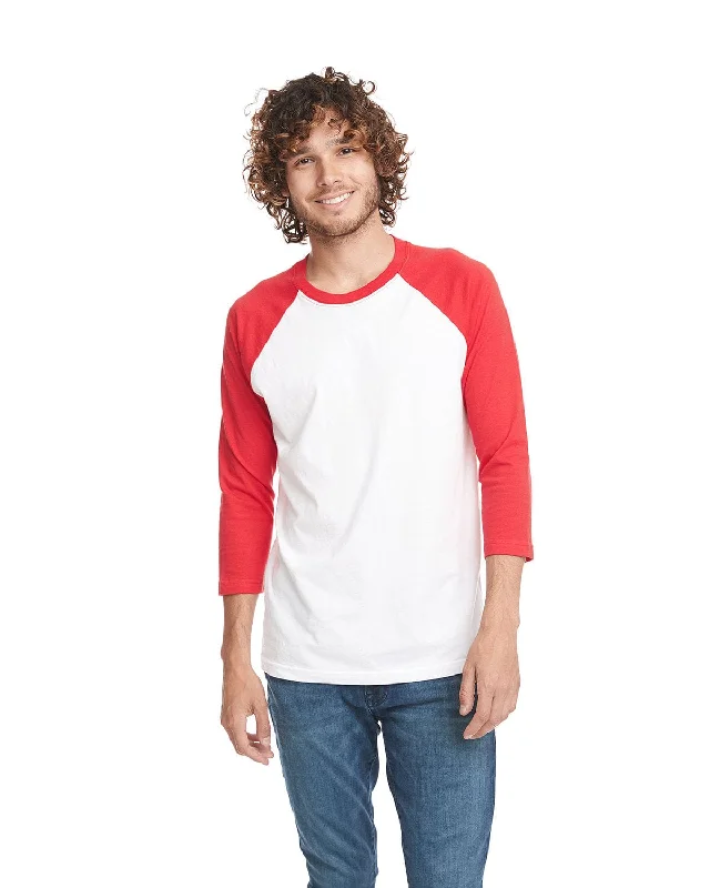 Next Level Unisex CVC 3/4 Sleeve Raglan Baseball T-Shirt | Red/ White Notch Collar Peter Pan Collar Cowl Neck