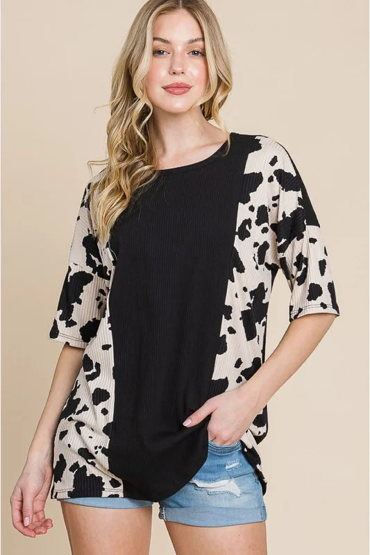 Rodeo Love Ribbed Animal Contrast Tee Sequined Glittery Shiny