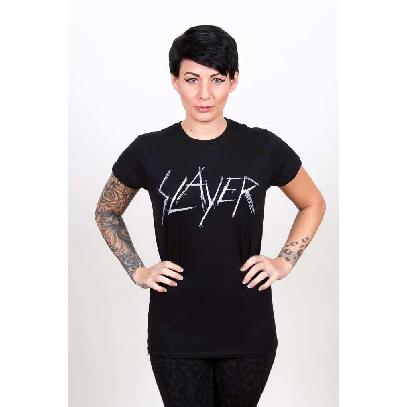 Slayer Ladies T-Shirt: Scratchy Logo Real Fur Shearling Chenille