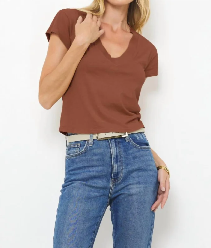 Suri Organic Deep V Cap Sleeve Tee In Cognac Chenille Blend Fleece Blend Nylon Blend