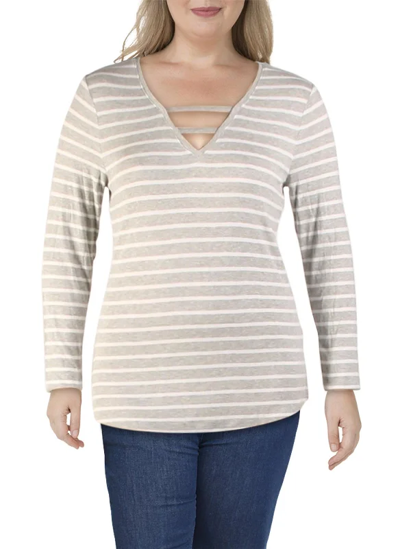 Womens Striped V-Neck T-Shirt Chenille Fabric Brocade Fabric Lace Fabric