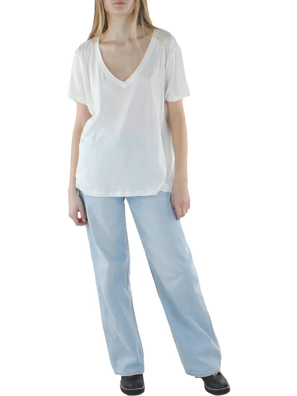 Womens V-Neck Distressed T-Shirt Chenille Blend Fleece Blend Nylon Blend