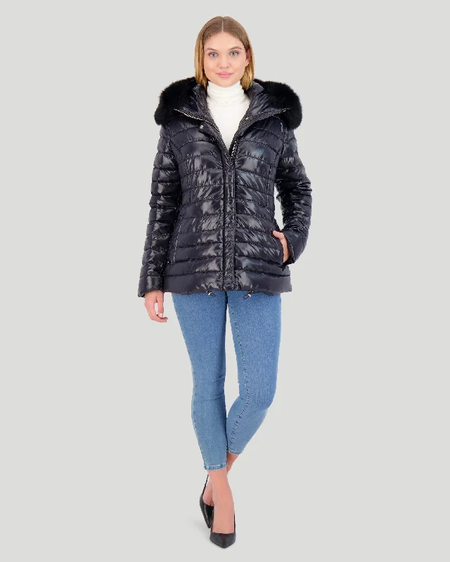 Apres-Ski Jacket with Detachable Fox Hood Trim Satin Fabric Silk Fabric Chiffon Fabric Apres-Ski Jacket with Detachable Fox Hood Trim Satin Fabric Silk Fabric Chiffon Fabric