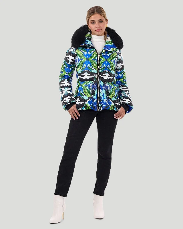Apres-Ski Jacket with Detachable Fox Hood Trim Mesh Canvas Denim