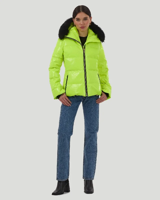 Apres-Ski Jacket with Detachable Fox Hood Trim V-Neck T-Shirt Long Sleeve Cotton
