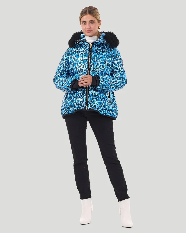 Apres-Ski Jacket with Detachable Fox Hood Trim Collared T-Shirt Boat Neck A-Line