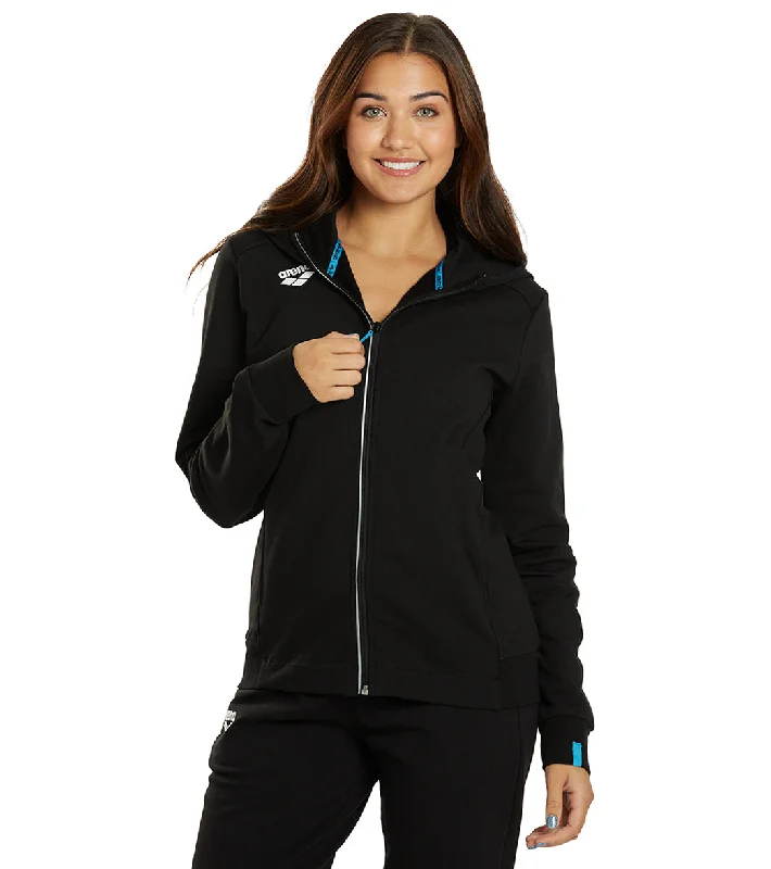 Arena Women's Team Panel Front Zipped Hooded Jacket Black Faux Fur Fabric Real Fur Fabric Shearling Fabric