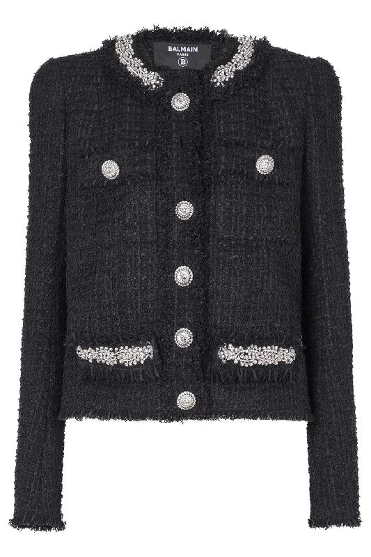 Embellished Collarless Side To Side Jacket Hooded Caped Shawl Collar