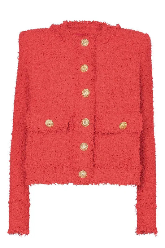 Two Pocket Collarless Jacket Chenille Blend Fleece Blend Nylon Blend