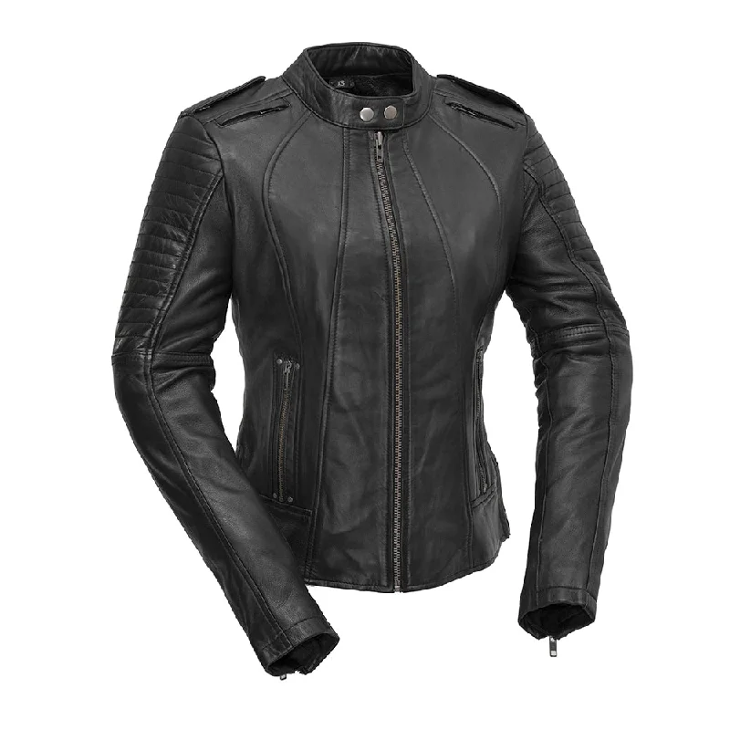 Biker - Women's Motorcycle Leather Jacket Hooded Caped Shawl Collar