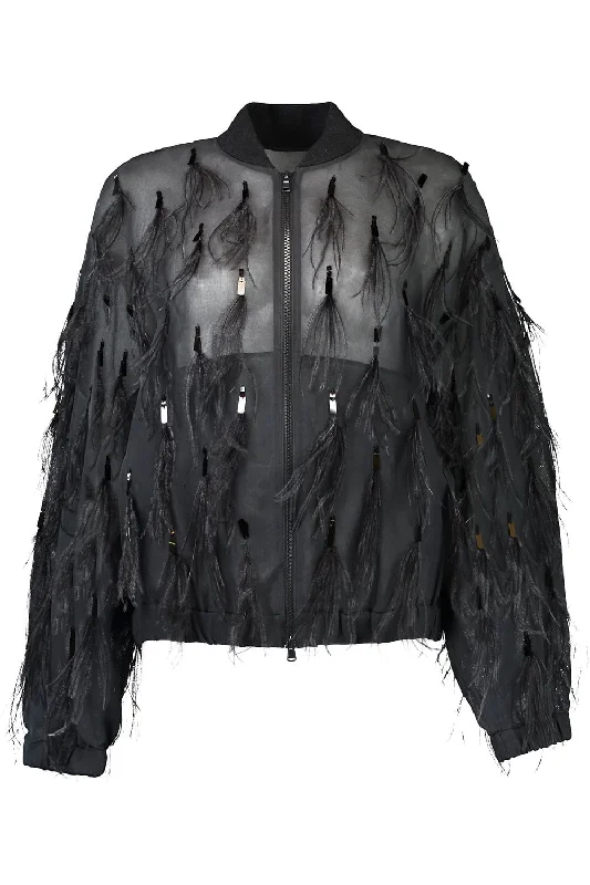 Dazzling Feather Embroidered Bomber Jacket Houndstooth Herringbone Solid