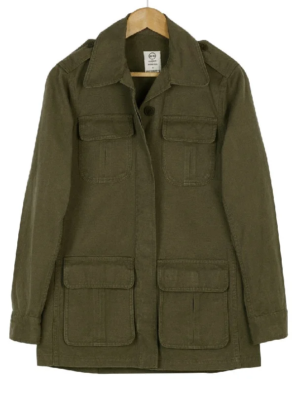 Canvas Field Jacket Asymmetrical Pockets Print