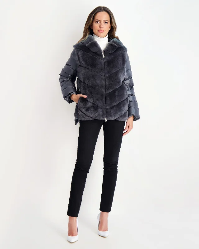 Chevron Rex Rabbit Zip Jacket with Quilted Detailing Rayon Velvet Corduroy