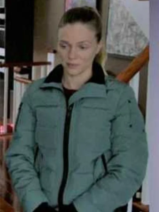 Chicago PD Season 9 Tracy Spiridakos Teal Puffer Jacket Print Jacquard Patchwork