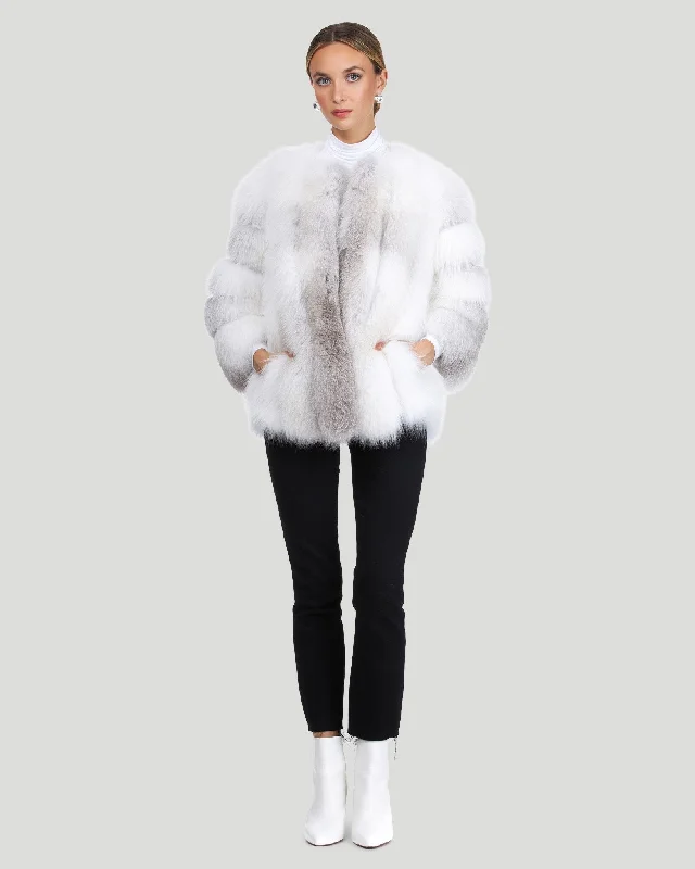 Collarless Fox Jacket Mesh Canvas Denim
