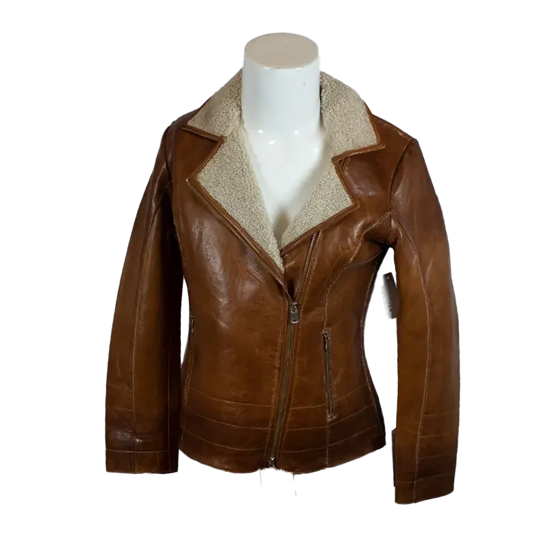 BOL Women's Fur Collar Leather Jacket Beaded Sequined Faux Fur
