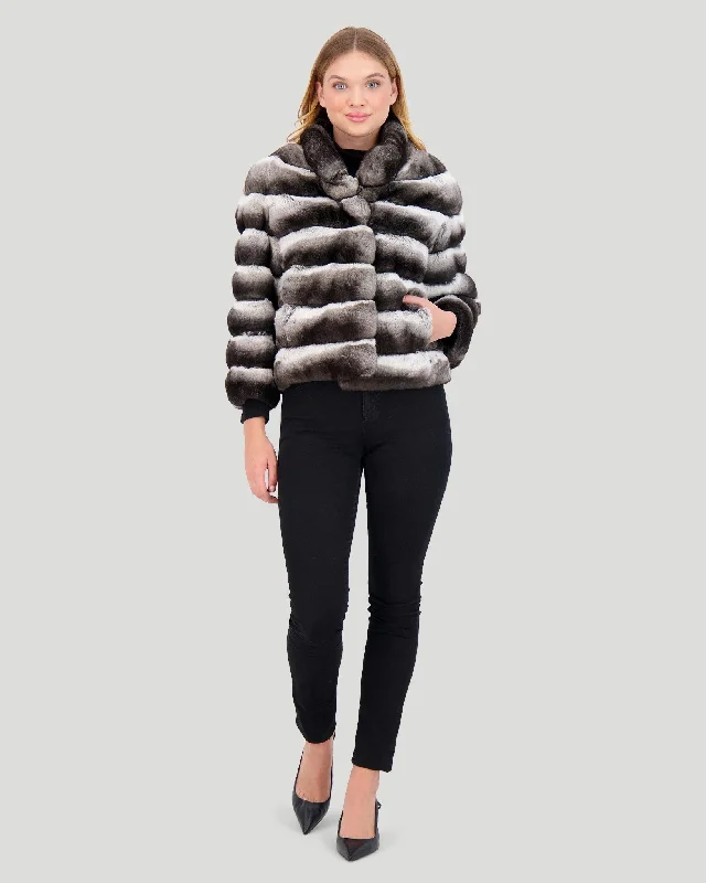 Horizontal Chinchilla Jacket, 3/4 Sleeves Mesh Blend Leather Blend Suede Blend