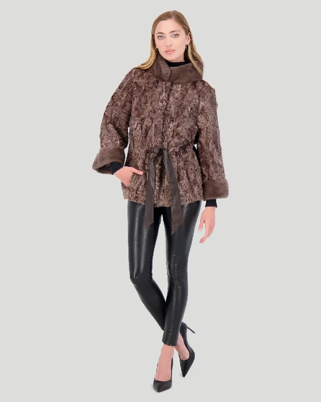 Lamb Jacket with Mink Stand Collar Handmade Hand-knitted Hand-woven