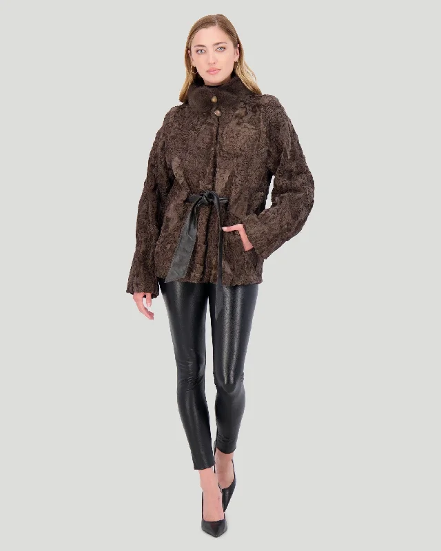 Lamb Jacket with Mink Stand Collar Satin Blend Silk Blend Wool Blend