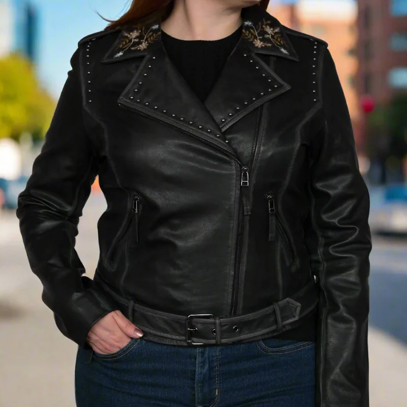 Women's Lamb Leather Jacket with Floral Embroidery Plaid T-Shirt Polka Dot Checkered