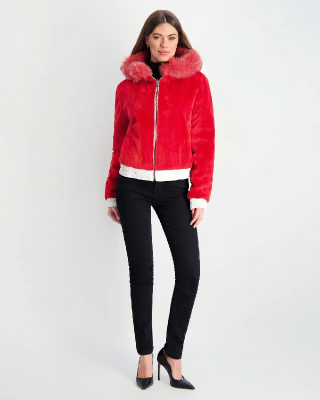 Mink Jacket with Fox Hood Trim Graphic T-Shirt Round Neck Polyester