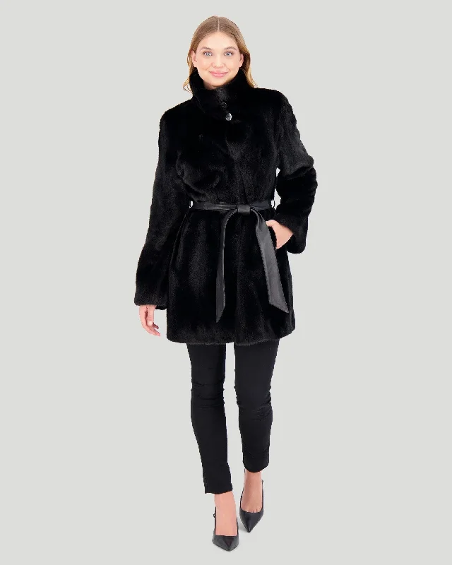 Mink Jacket with Stand Up Collar and Leather Belt Houndstooth Herringbone Solid