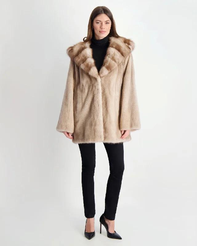 Mink Jacket with Stone Marten Hood Trim Faux Fur Fabric Real Fur Fabric Shearling Fabric