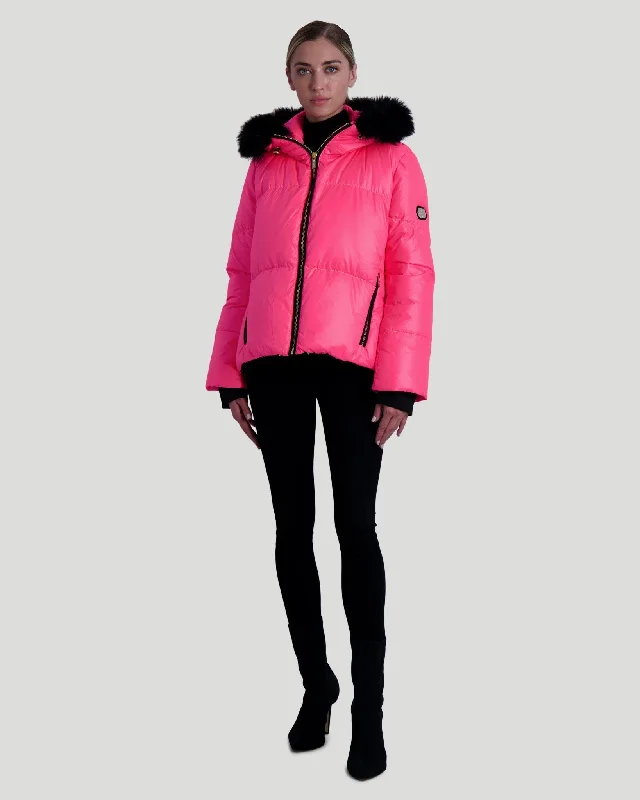 Neon Apres-Ski Jacket with Detachable Toscana Shearling Lamb Hood Trim Cozy Warm Stylish