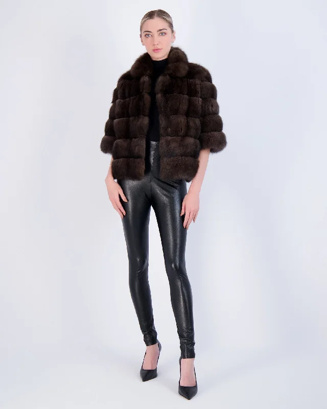 Sable Jacket with Cropped Sleeves Satin Blend Silk Blend Wool Blend