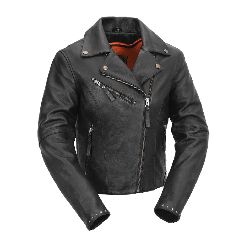 Scarlett Star - Womens Motorcycle Leather Jacket Zippered Front Buttoned Front Snap Front