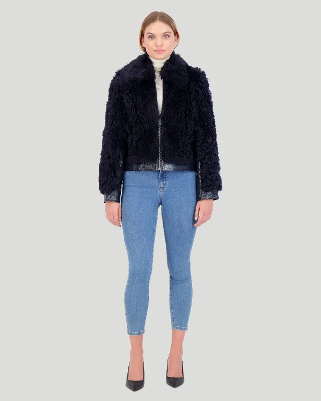 Shearling Lamb Bomber Jacket with Patent Leather Trim Notch Collar Peter Pan Collar Cowl Neck