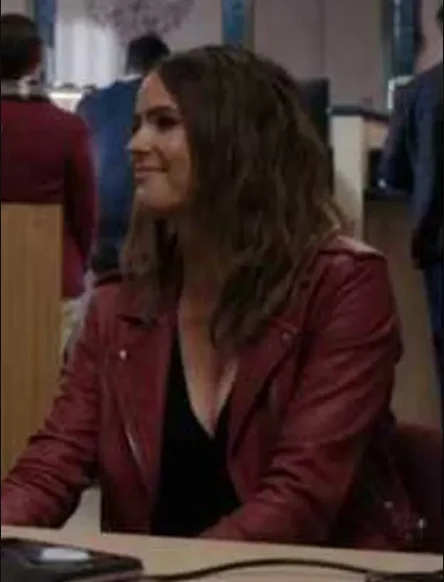 The Woman In The House Season Lisa Red Leather jacket Real Fur Shearling Chenille