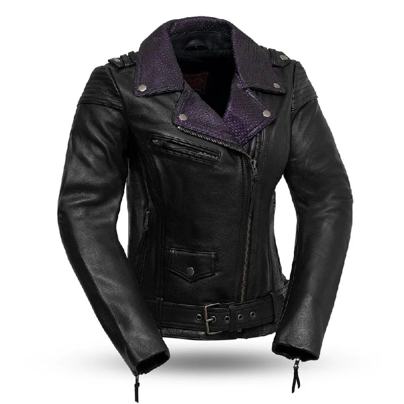 Iris - Women's Motorcycle Leather Jacket Collared Crew Neck Turtle Neck