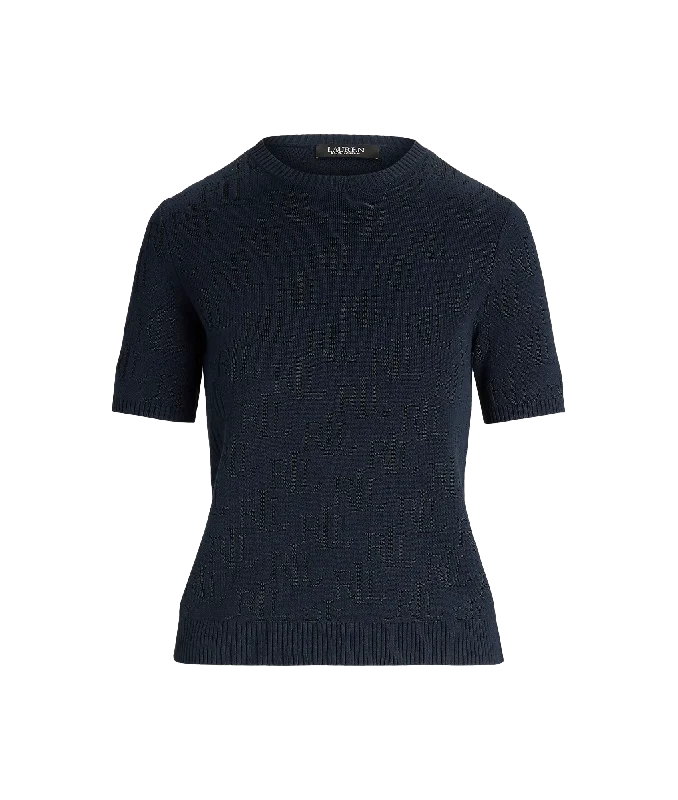 Monogram Jacquard Short-Sleeve Jumper - Navy Denim Fabric Leather Fabric Suede Fabric