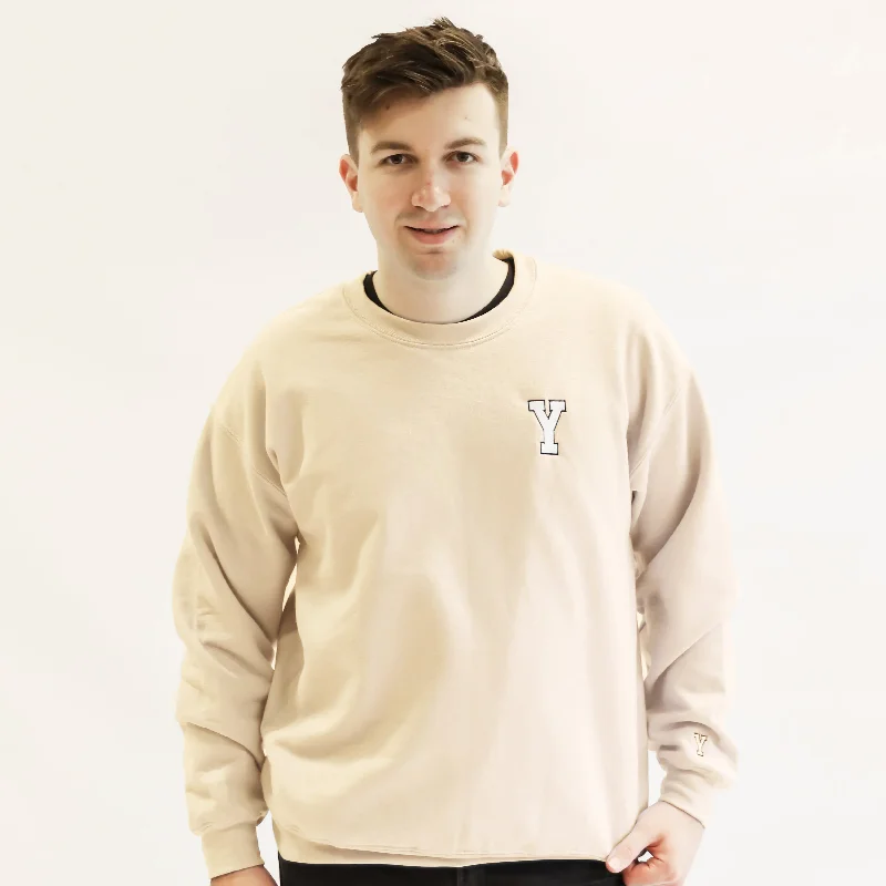 Y Varsity Crew Neck Jumper - Sand Houndstooth Herringbone Solid