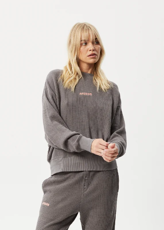 AFENDS Womens Ari - Waffle Crew Neck Jumper - Steel Ribbed Striped Patterned