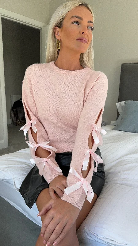 Amira Pink Jumper With Bow & Cut Out Sleeve Detail Cable Knit Ribbed Knit Lace Knit