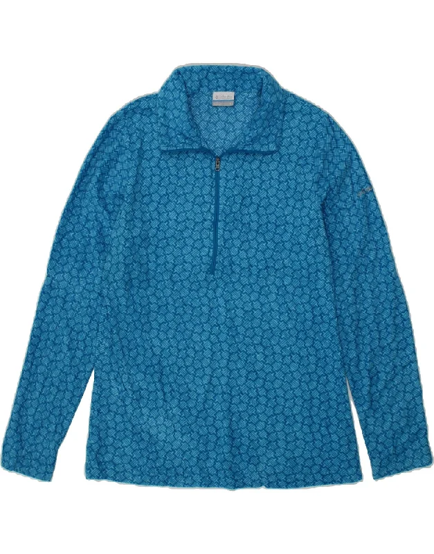 COLUMBIA Womens Abstract Pattern Zip Neck Fleece Jumper UK 14 Large Blue Zippered Buttoned Snapped