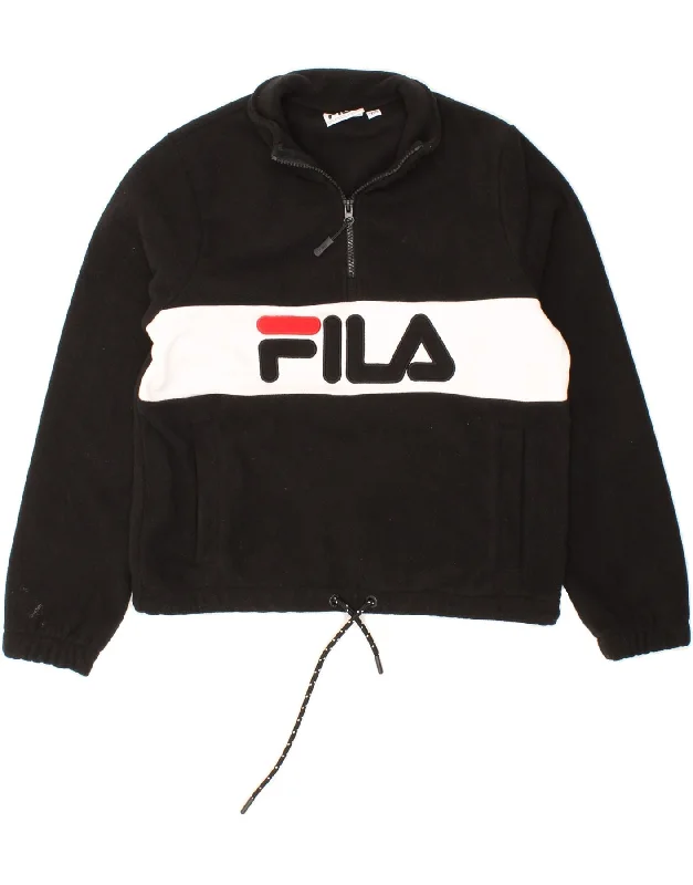 FILA Womens Graphic Oversized Fleece Jumper UK 6 2XS Black Colourblock Zippered Front Buttoned Front Snap Front