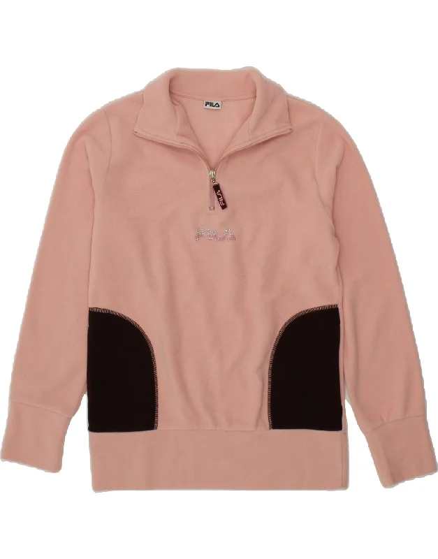 FILA Womens Graphic Zip Neck Fleece Jumper UK 14 Medium Pink Colourblock Collared Crew Neck Turtle Neck