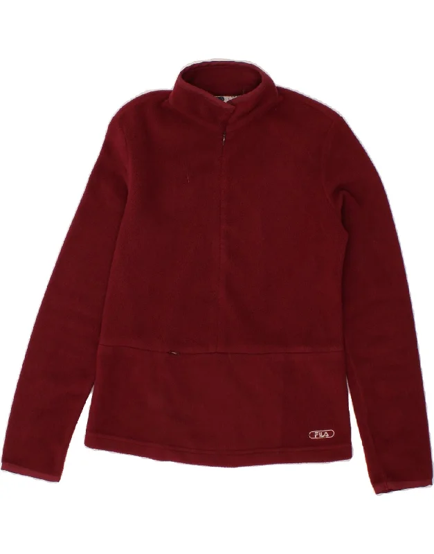 FILA Womens Zip Neck Fleece Jumper IT 40/42 Small Burgundy Polyester Graphic Sweater Embroidered Appliqued