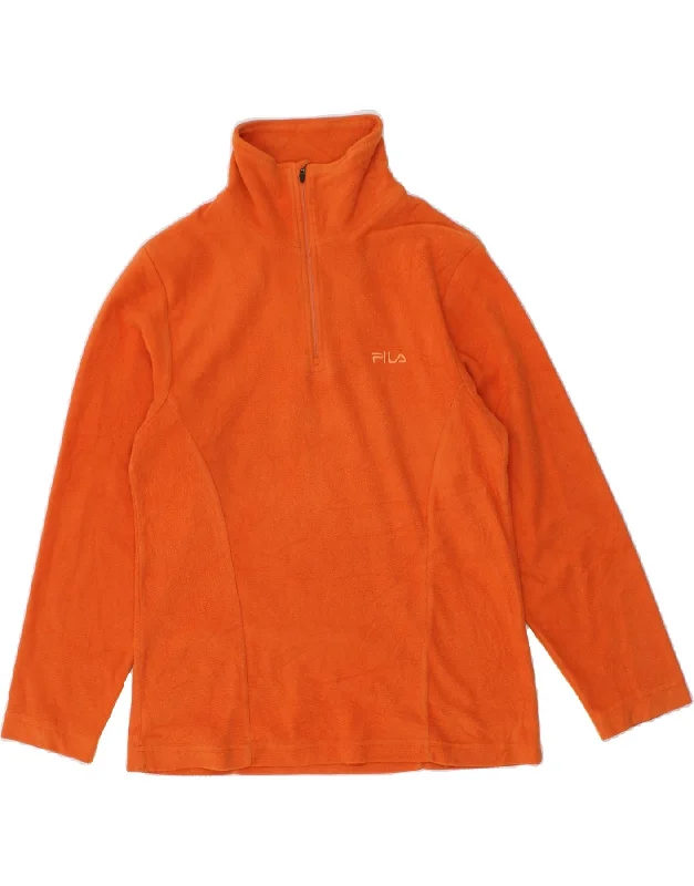 FILA Womens Zip Neck Fleece Jumper UK 12 Medium Orange Denim Fabric Leather Fabric Suede Fabric