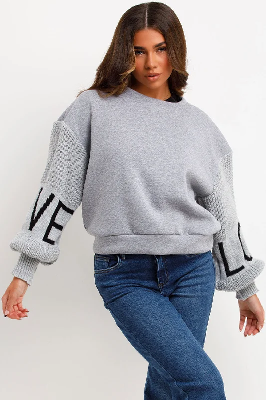 Jumper With Knitted Sleeves Love Slogan Grey Thin Thick Dense