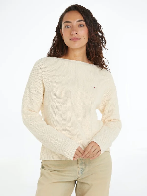 Ribbed Boat Neck Relaxed Jumper Elasticated Padded Insulated