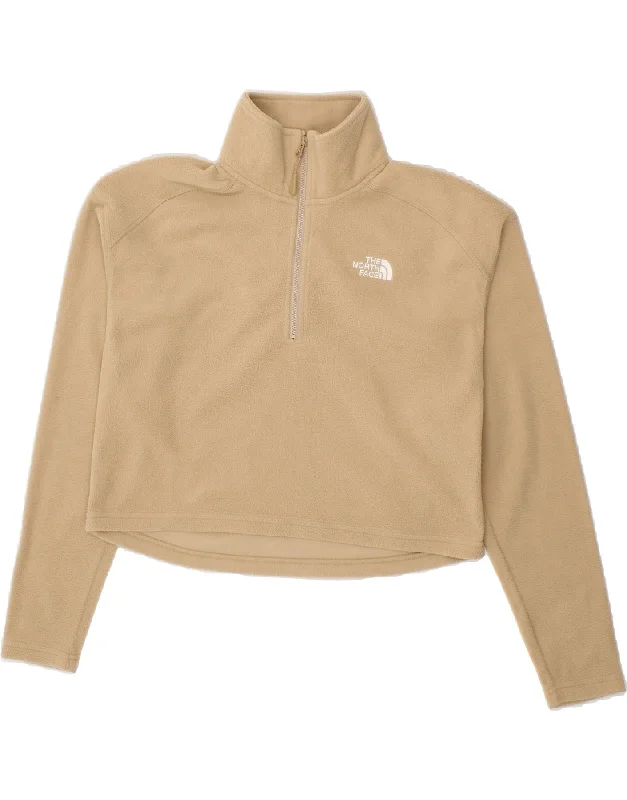 THE NORTH FACE Womens Crop Zip Neck Fleece Jumper UK 10 Small Beige Slim Fit Regular Fit Oversized