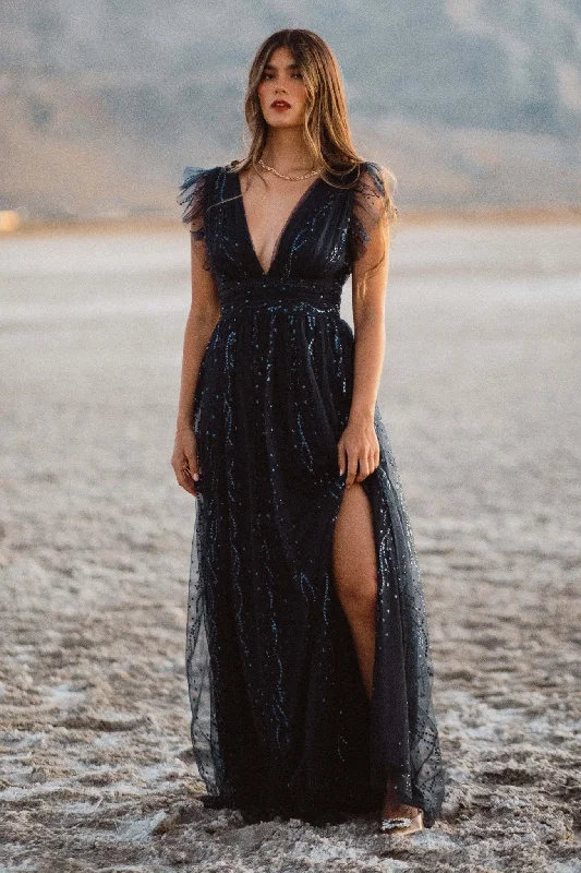 Annika Sequin Mesh Maxi Dress | Navy Trendy V-Neck Maxi Dress