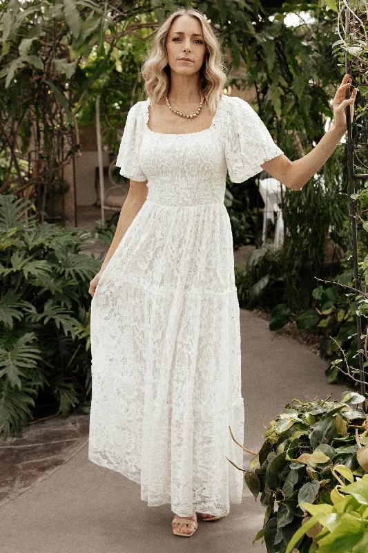 Aspen Smocked Lace Maxi Dress | Off White Trendy Floral Print Maxi Dress