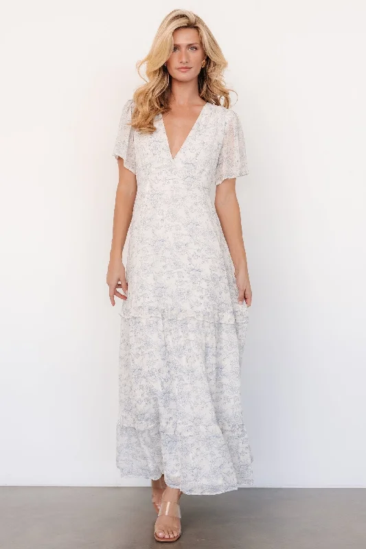 Audrey Deep V Maxi Dress | Off White + Blue Floral Comfortable Pleated Maxi Dress