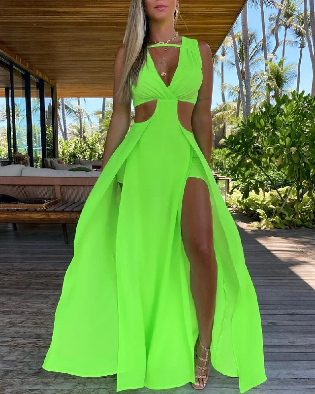 JuliaFashion-Beach Holiday Wear Thigh Slit Long Maxi Dress Stylish Button-Up Maxi Dress