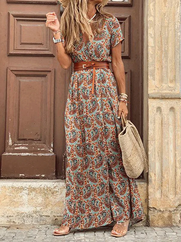 Boho Short Sleeve Print V Neck Maxi Dress Elegant Velvet Maxi Dress